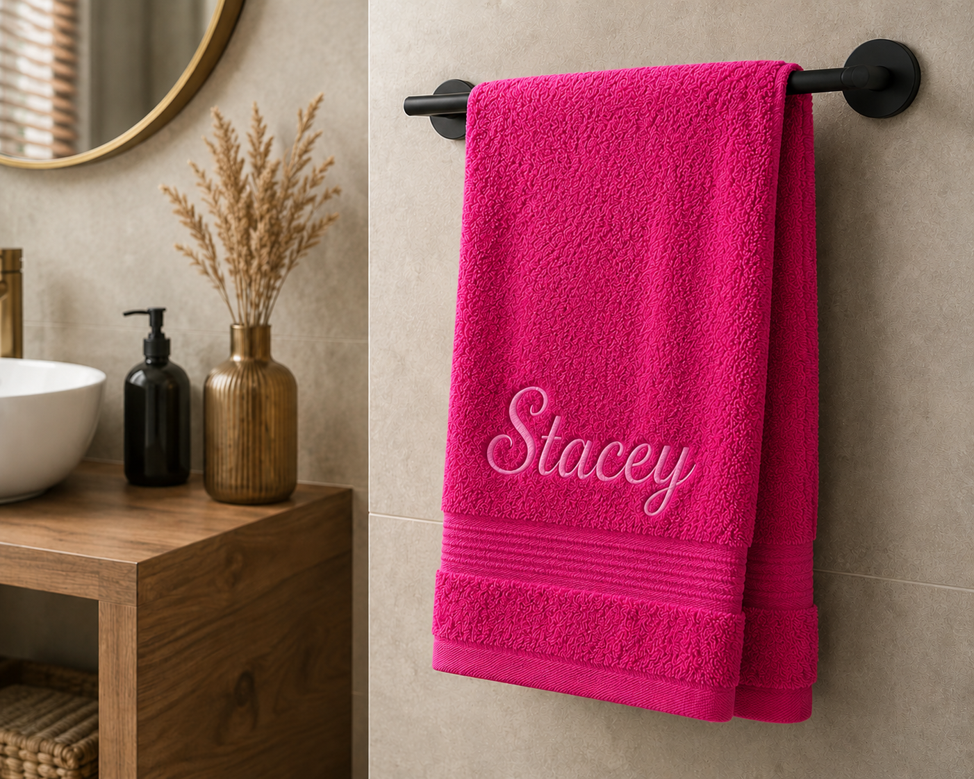 Fuchsia handdoek met naam geborduurd van 100% katoen 50x100 cm