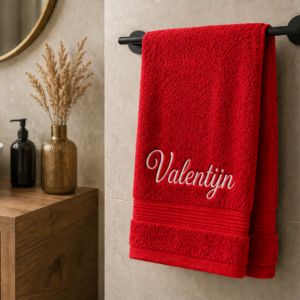 Rode handdoek met naam geborduurd van 100% katoen 50x100 c
