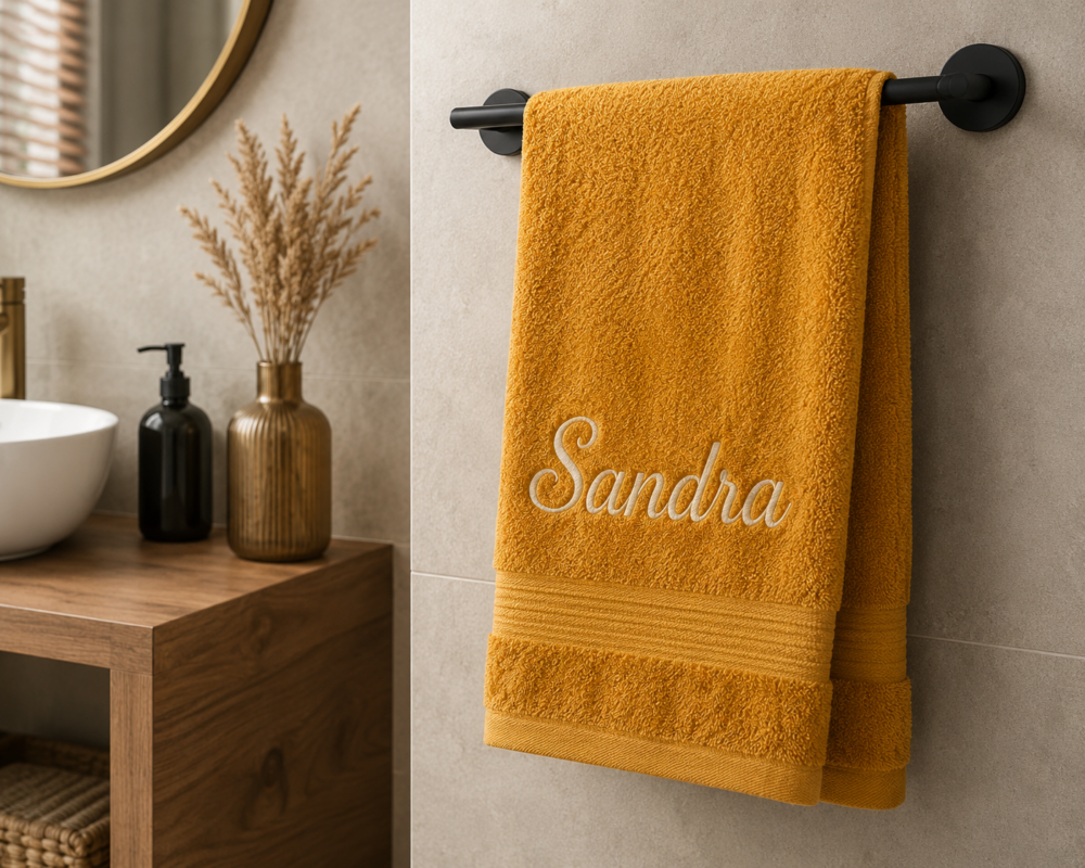 Oker handdoek met naam geborduurd van 100% katoen 50x100 cm