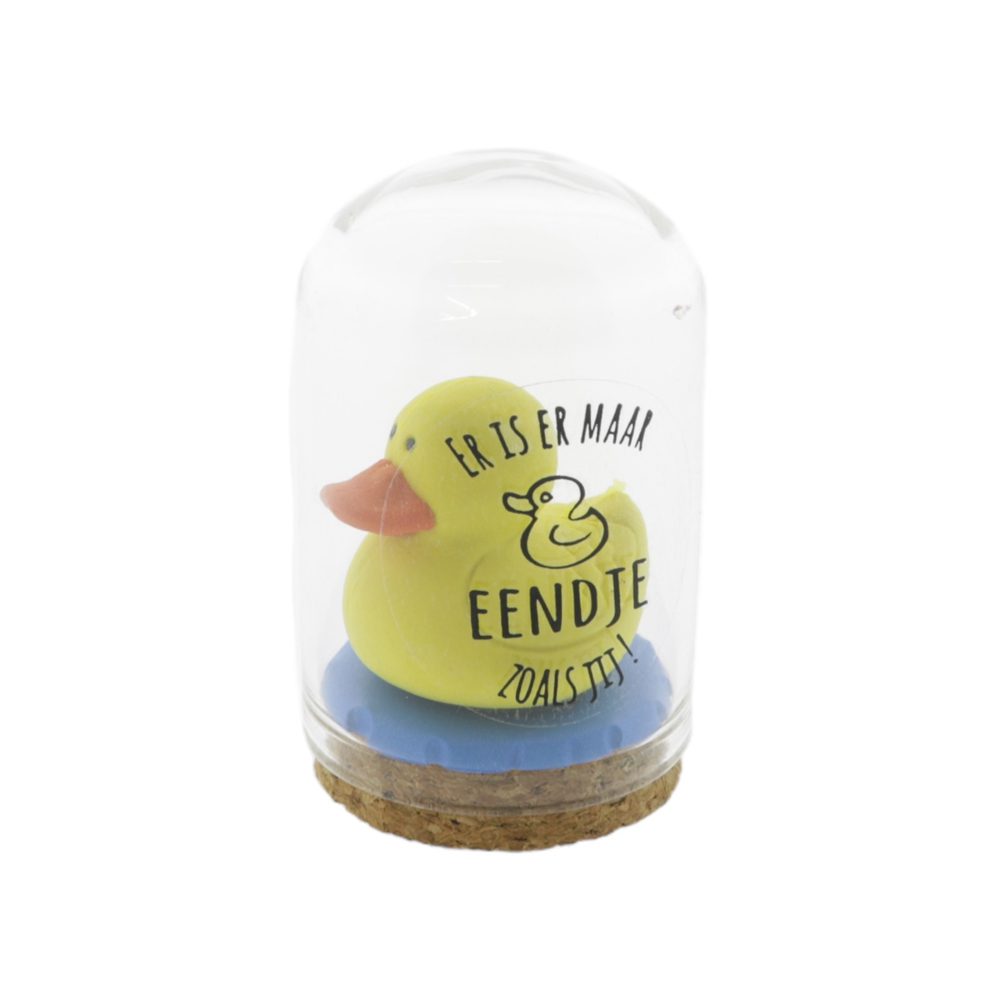 Decoratieve mini stolp met een schattig eendje onder glas en de tekst ‘Er is er maar EENDJE zoals jij’, vrolijk en uniek cadeau