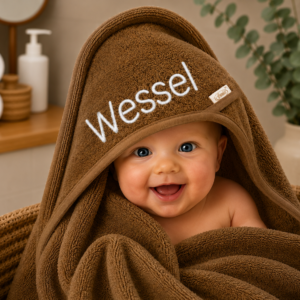 Brown Clay badcape met naam geborduurd voor baby van 100% katoen badstof