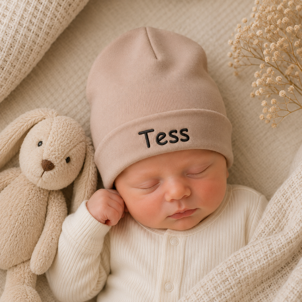 Pink Stone babymutsje met naam geborduurd van 100% katoen voor pasgeboren baby