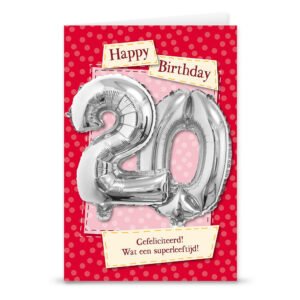 Leeftijd ballon 20 jaar op kaart, zilveren cijferballon van aluminium folie voor 20ste verjaardag.
