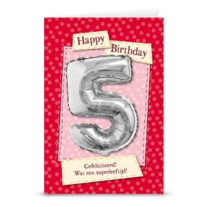 Leeftijd ballon 5 jaar op kaart, zilveren cijferballon van aluminium folie voor 5e verjaardag.