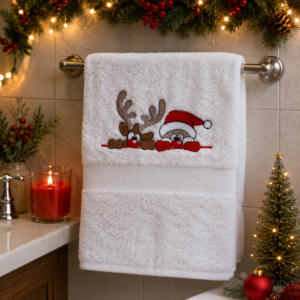 Witte kersthanddoek met geborduurde kerstman en rendier van 100% katoen