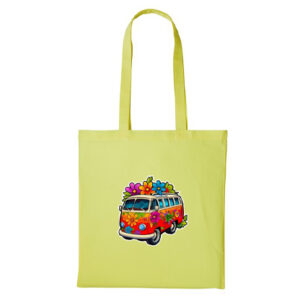 Duurzame katoenen boodschappentas met vrolijke hippiebusprint
