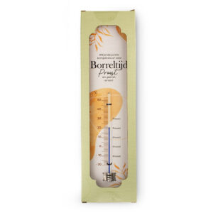 Metalen thermometer met tekst "Altijd de juiste temperatuur voor Borreltijd" voor binnen en buitengebruik